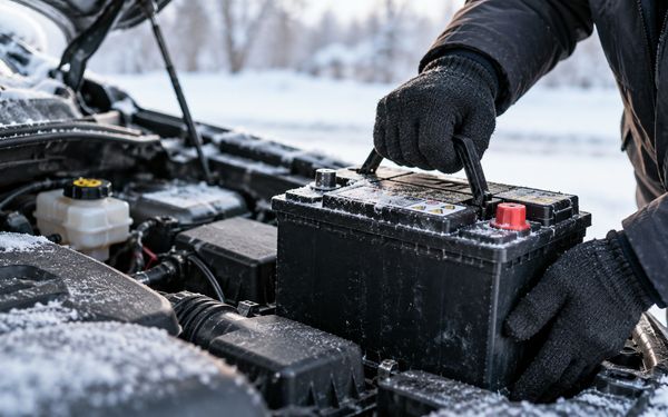Nahaufnahme einer mit Schnee und Eis bedeckten Autobatterie, die eine Person mit Winterhandschuhen aus dem Motorraum hebt, um sie nach einem möglichen Frostschaden zu überprüfen.