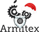 Logotipo de engranajes que forman cara con barba blanca y gorro navideño, texto "Armitex".