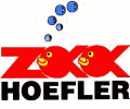 Logo: Zoo Hoefler, rote Schrift mit blauen Blasen, zwei Vögel in den Buchstaben "ZOO".
