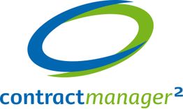 Logo mit blauem und grünem Oval, Text "contract manager²" darunter.