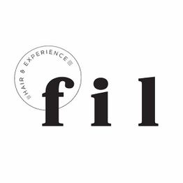 Logo "fil" com texto "Hair & Experience" em um círculo ao redor do "f".