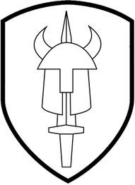 Schild mit stilisiertem Wikingerhelm und Schwert in Schwarz-Weiß.