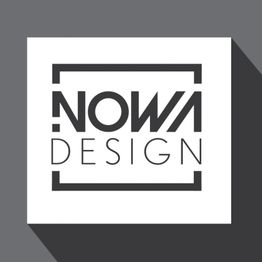 Schwarzes Logo "Nowa Design" auf grauem Hintergrund mit langem, diagonalem Schatten.