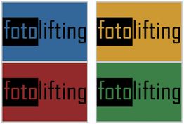 Vier "fotolifting" Logos in Blau, Gelb, Rot und Grün mit schwarzem Textfeld und Schrift.