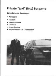 Brochure Ncc Bergamo con servizi per aeroporti, stazioni e altro; taxi nero e uomo in giacca.