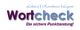 Text-Logo: "Wortcheck" in Blau und Lila mit den Wörtern Lektorat, Korrektorat und Layout darüber.
