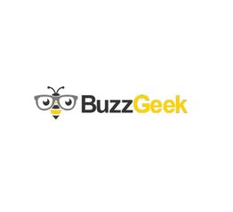 Bee with glasses logo and "BuzzGeek" text in black and yellow.