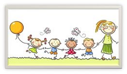 Eine Zeichnung von fünf fröhlichen Kindern und einem Erwachsenen, die Hand in Hand spazieren.