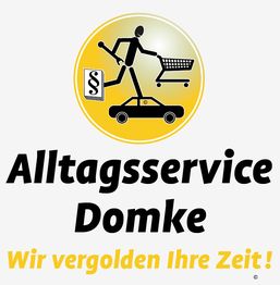 Logo mit Piktogramm: Person trägt Gerichtsdokument, einkauft. Text: "Alltagsservice Domke".