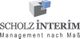 Logo mit Text: "Scholz Interim, Management nach Maß", Würfelsymbol oben.