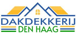 Logo van "Dakdekkerij Den Haag" met dak en raam in oranje, blauw en groen.