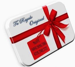 Tarjeta con texto "Tu Regalo Original" y lazo rojo. Números de contacto en etiqueta roja.