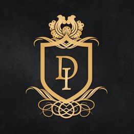 Elegantes Wappen auf schwarzem Hintergrund, vergoldetes Design mit den Buchstaben D und L.