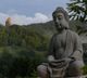 Buddha-Statue vor bewaldetem Hügel mit Turm in der Ferne, umgeben von grüner Natur.