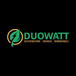 Logo di Duowatt: foglia con fulmine, testo "Distributore Energie Rinnovabili". Sfondo nero.