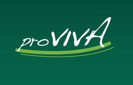 Logo mit dem Schriftzug "proVIVA" auf grünem Hintergrund und grüner, geschwungener Linie.