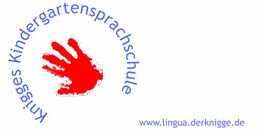 Logo mit rotem Handabdruck und dem Text "Knigges Kindergartensprachschule". Webseite: lingua.derknigge.de.