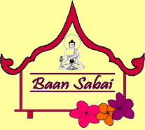 Logo mit einem Buddha, Schriftzug "Baan Sabai" und Blumen auf gelbem Hintergrund.