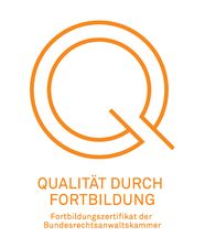 Großes "Q", Text: "Qualität durch Fortbildung, Fortbildungszertifikat der Bundesrechtsanwaltskammer".