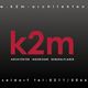 Schwarzes Logo "k2m" in Rot mit Kontaktinfos der Architekten und Ingenieure aus Düsseldorf.
