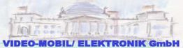 Skizze eines Gebäudes mit der Aufschrift „VIDEO-MOBIL/ ELEKTRONIK GmbH“ darunter.