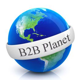 Erdkugel mit "B2B Planet" Band um Äquator, mit Nord- und Südamerika sichtbar.