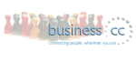 Eine Reihe von bunten Spielsteinen neben einem Logo mit "business cc".