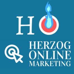 Ein blaues Logo mit Flamme und Zielscheibe, Text: "Herzog Online Marketing".