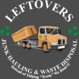 Illustration of a dump truck, "LEFTOVERS" text, recycling symbols, and waste disposal message.