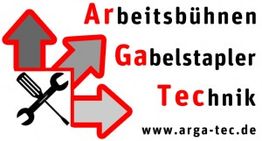 Logo mit roten und grauen Pfeilen, Werkzeuge, Text: "Arbeitsbühnen Gabelstapler Technik".