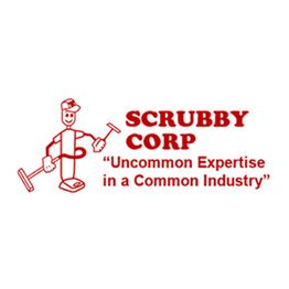 Cartoon figure with cleaning tools, "SCRUBBY CORP" text, and slogan "Uncommon Expertise in a Common Industry."