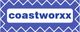 Blaues Logo mit weißem Hintergrund, Aufschrift "coastworxx" in blauem geometrischem Muster.