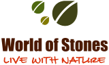 Logo with green leaves above "World of Stones" and "Live with Nature" text.