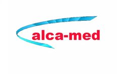 Logo mit blauem Band und rotem Text "alca-med" auf weißem Hintergrund.