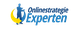 Logo mit Text „Onlinestrategie Experten“ und einem blauen Silhouettenbild eines Menschen mit Pfeil.