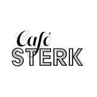 Logo van Café Sterk met sierlijke en robuuste lettertypes op witte achtergrond.