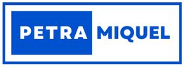 Logo con texto "PETRA MIQUEL" en letras blancas sobre fondo azul y marco rectangular.
