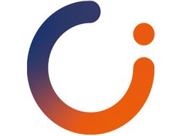 Abstraktes Design: Halbkreis und Punkt in Blau-Orange-Verlauf, wie ein stilisiertes "i".