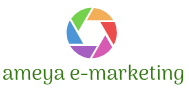 Colorful camera aperture logo above "ameya e-marketing" text in green.