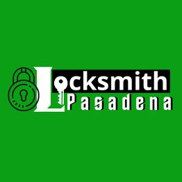 Green logo with text "Locksmith Pasadena," featuring a padlock and key design.