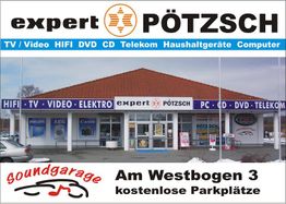 Außenansicht von Expert Pötzsch mit Elektronik-Produkten und kostenlosen Parkplätzen.