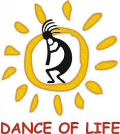 Schwarze Figur in gelber Sonne mit Text "Dance of Life" darunter.