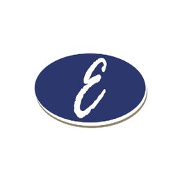 Blue oval logo with a white script letter "E" in the center.