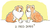 Two illustrated collie dogs sit facing each other, with small puppies at their feet.