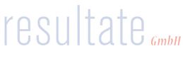 Logo mit Schriftzug "resultate GmbH" in hellblau und rot.