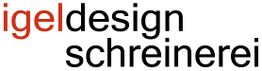 Text: "igeldesign schreinerei" in Schwarz und Rot.
