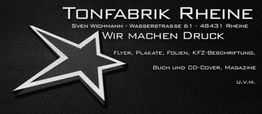 Tonfabrik Rheine Logo mit Stern. Text: "Wir machen Druck". Flyer, Plakate, Folien uvm.