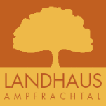 Logo mit Baum, Schriftzug "Landhaus Ampfrachtal" vor orange-gelbem Hintergrund.