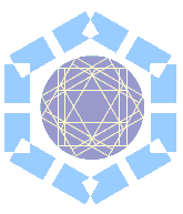 Abstraktes geometrisches Muster: Lila Kreis mit gelben Linien, umgeben von blauen Formen.