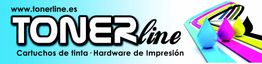 Banner de Tonerline con cartuchos de colores y texto sobre cartuchos de tinta y hardware de impresión.